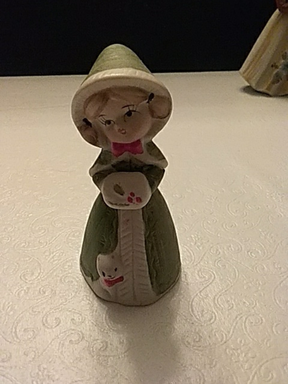 Jasco Merri-Bells Girl In Green With Cat Bisque Figurine